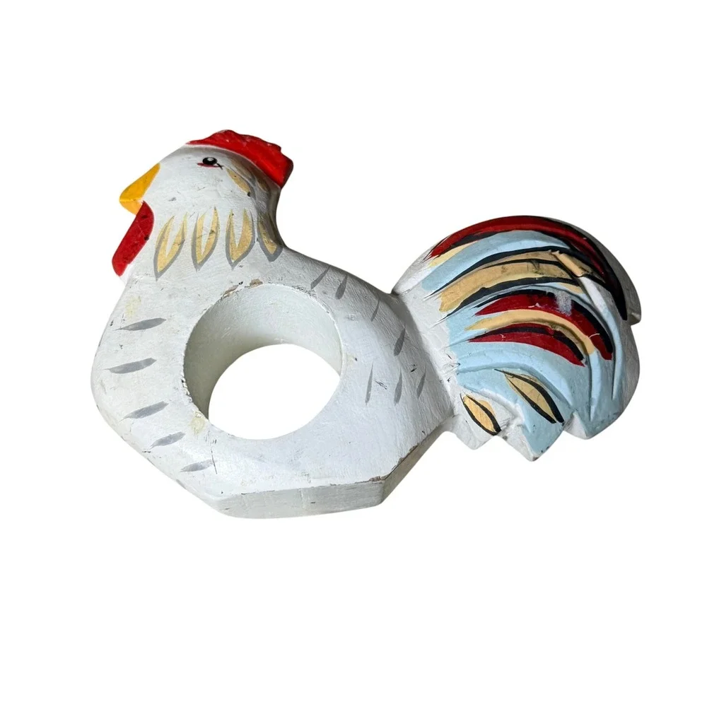 Vintage Farmhouse Hand Painted Wooden Napkin Ring Set of 4 Rooster Cow Pig Sheep